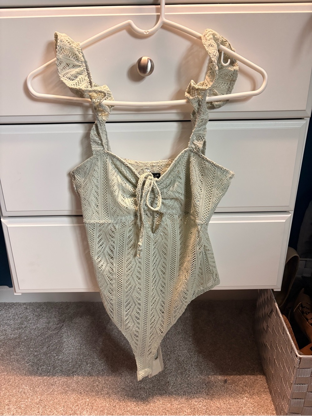 Urban Outfitters Light Green Lace One-Piece Bodysuit with Ruffled Straps